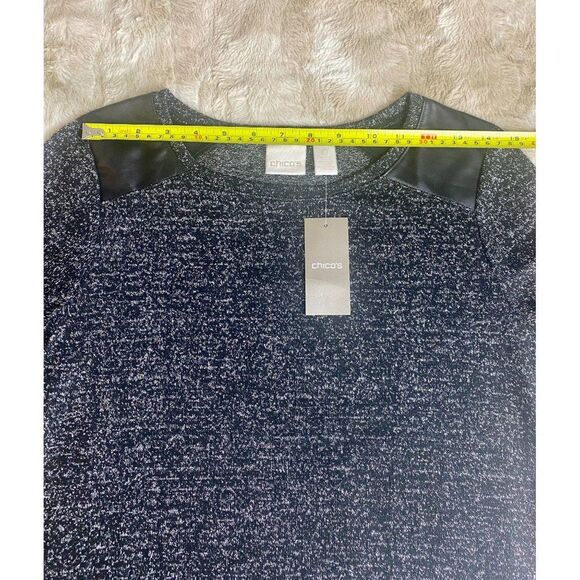 NWT Chico's T-shirt top Black Silver Metallic Faux Leather Shoulders, Size S - Picture 6 of 12
